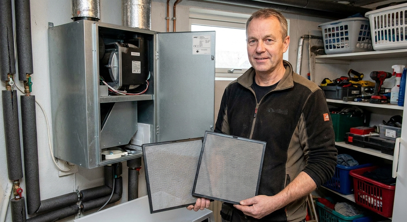 A homeowner holding two washable HRV filters in a utility room next to an open ventilation unit, close-up photo