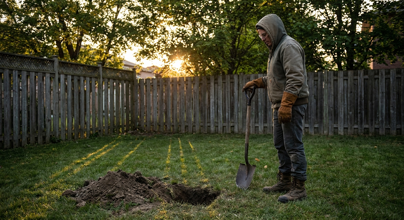A homeowner in a backyard wearing long sleeves, gloves, eye protection, and boots while standing several feet from a small ground hole, evening light photo
