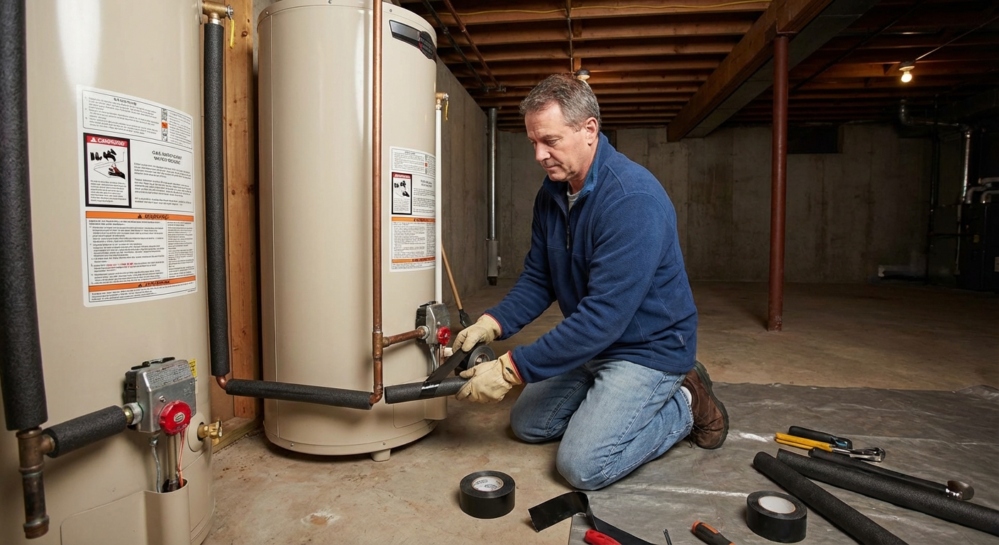 A homeowner in a basement installing black foam pipe insulation sleeves on a copper hot water line near a water heater, realistic home renovation photo