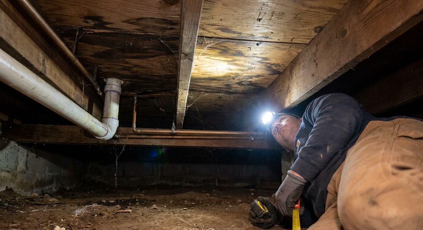A homeowner in a crawlspace shining a headlamp up at dark-stained subfloor plywood beneath a bathroom