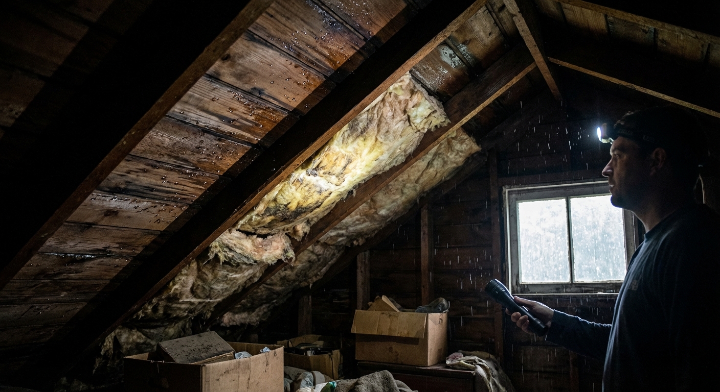 A homeowner in a flashlight-lit attic inspecting roof sheathing for water stains and damp insulation during a rainstorm, photorealistic indoor scene
