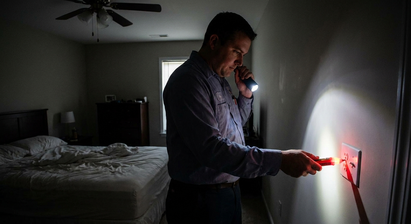 A homeowner in a residential bedroom holding a non-contact voltage tester near a wall outlet with the room lights off, realistic home repair photo