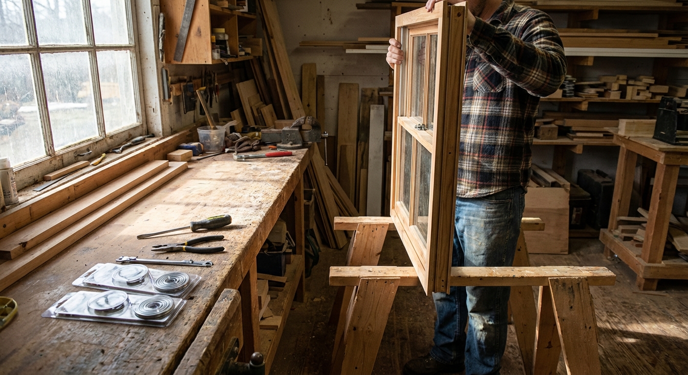 A homeowner in a workshop holding a double-hung window sash upright on a pair of sawhorses, with a screwdriver, pliers, and replacement window balance parts laid out neatly on the bench, natural window light, realistic home DIY photo
