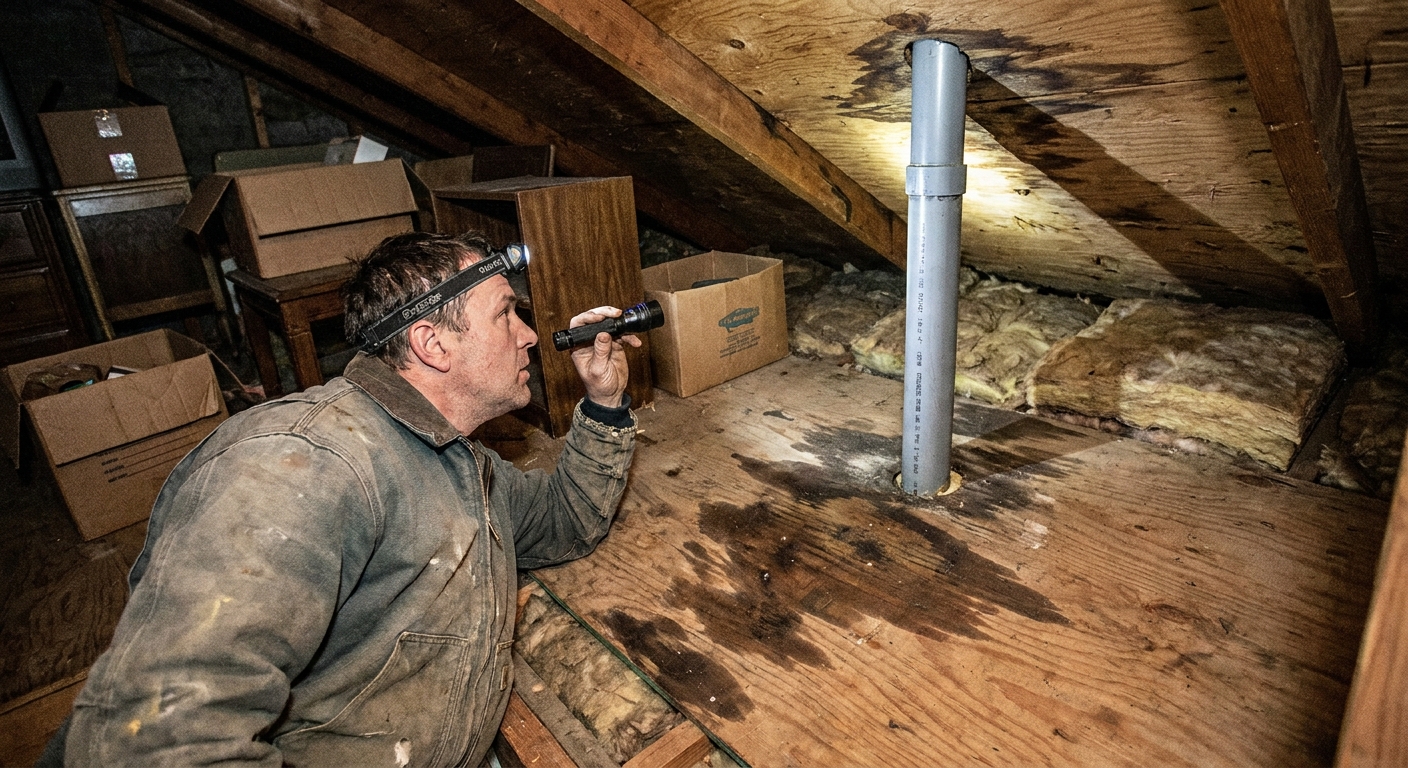 A homeowner in an attic aiming a flashlight at a plumbing vent pipe where the roof sheathing shows dark water staining around the penetration