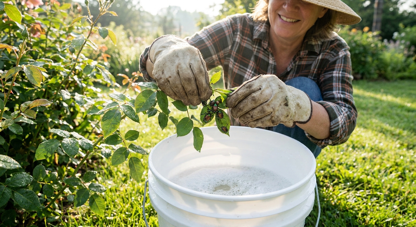 A homeowner in garden gloves tapping Japanese beetles off a leaf into a white bucket filled with soapy water on a sunny morning