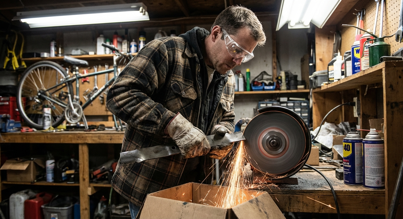 A homeowner in safety glasses holding a mower blade against a bench grinder wheel in a garage, sparks flying downward, realistic photo