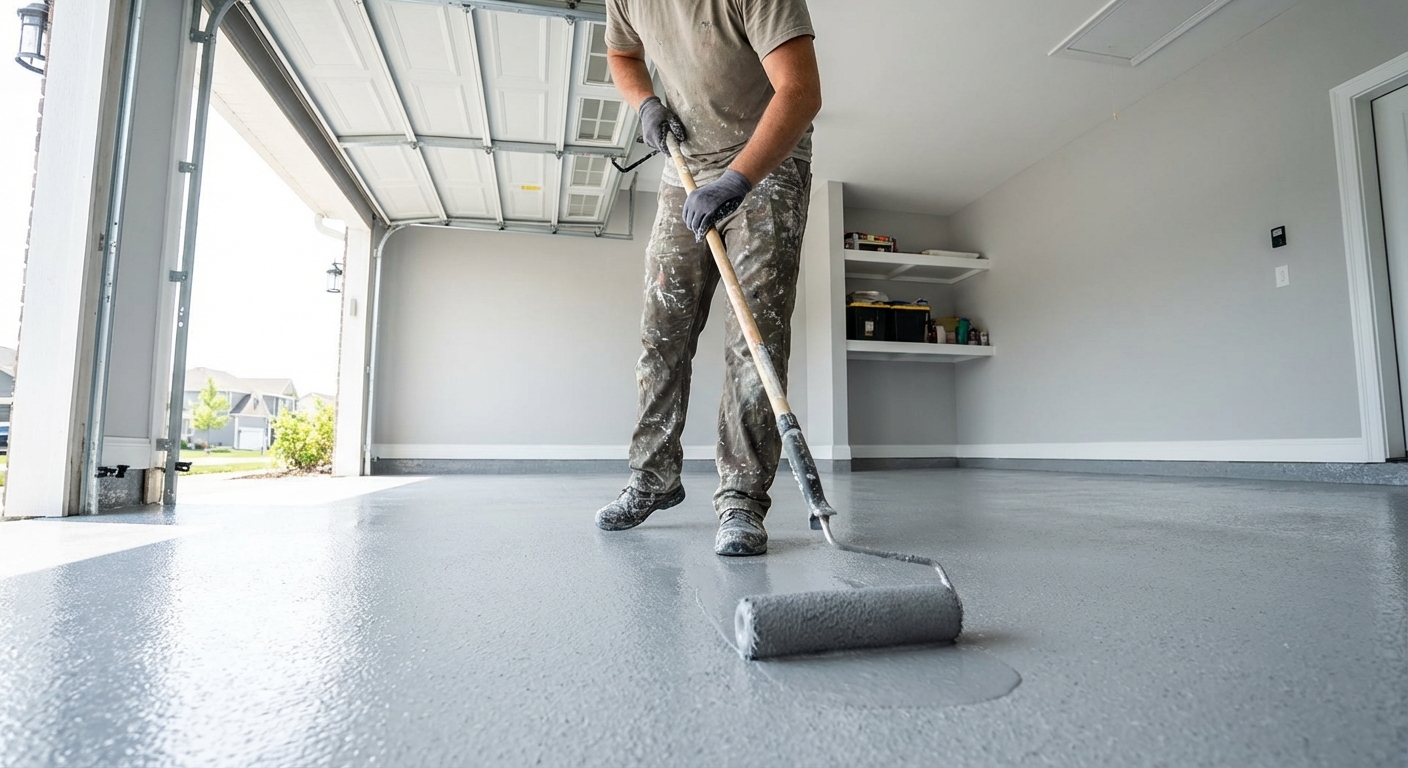 A homeowner in work clothes rolling gray epoxy onto a concrete garage floor with a long-handled roller, garage door open with daylight coming in, photorealistic action shot