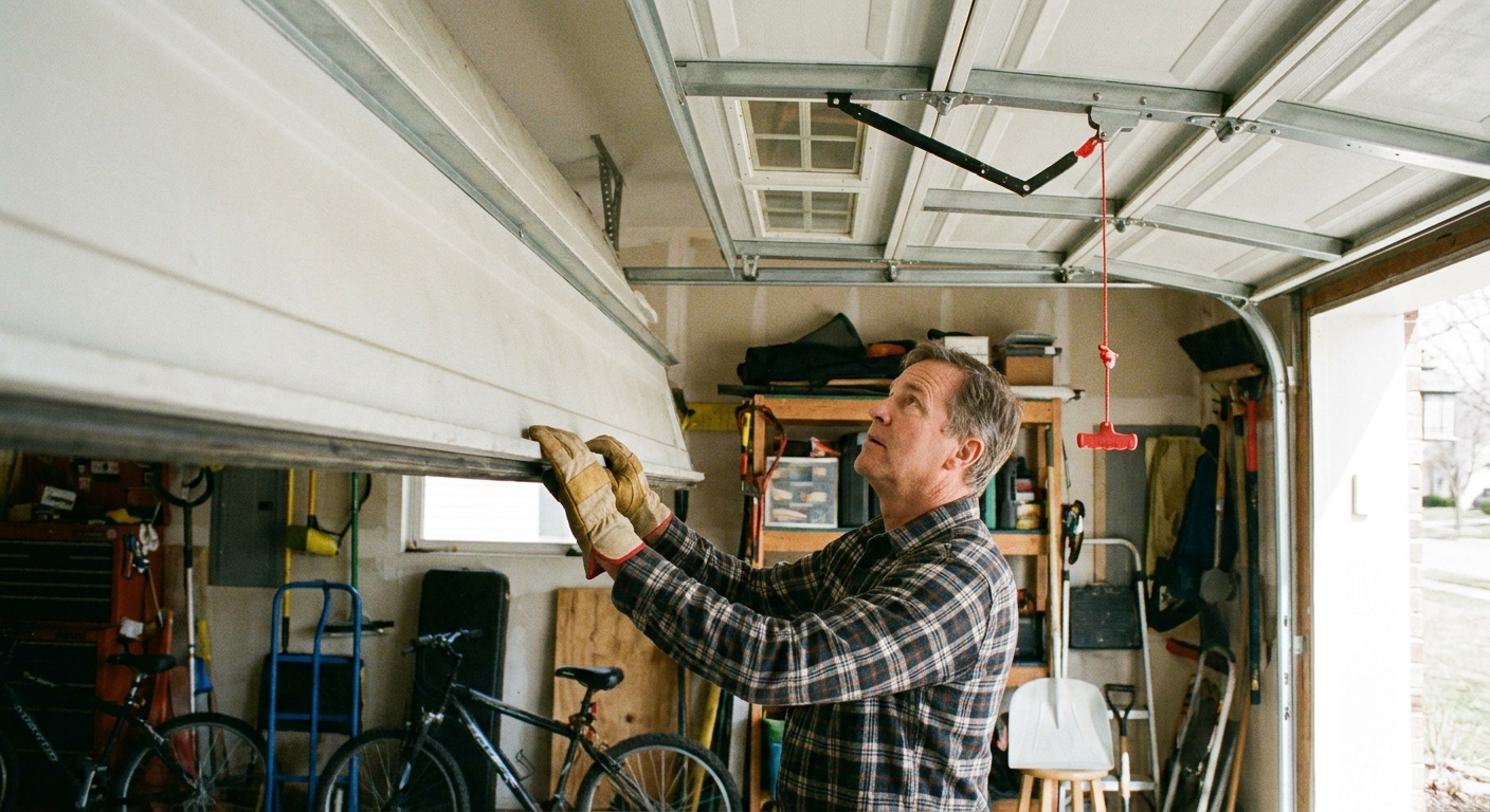 A homeowner inside a garage lifting a sectional garage door by hand after pulling the emergency release cord, showing a smooth controlled lift