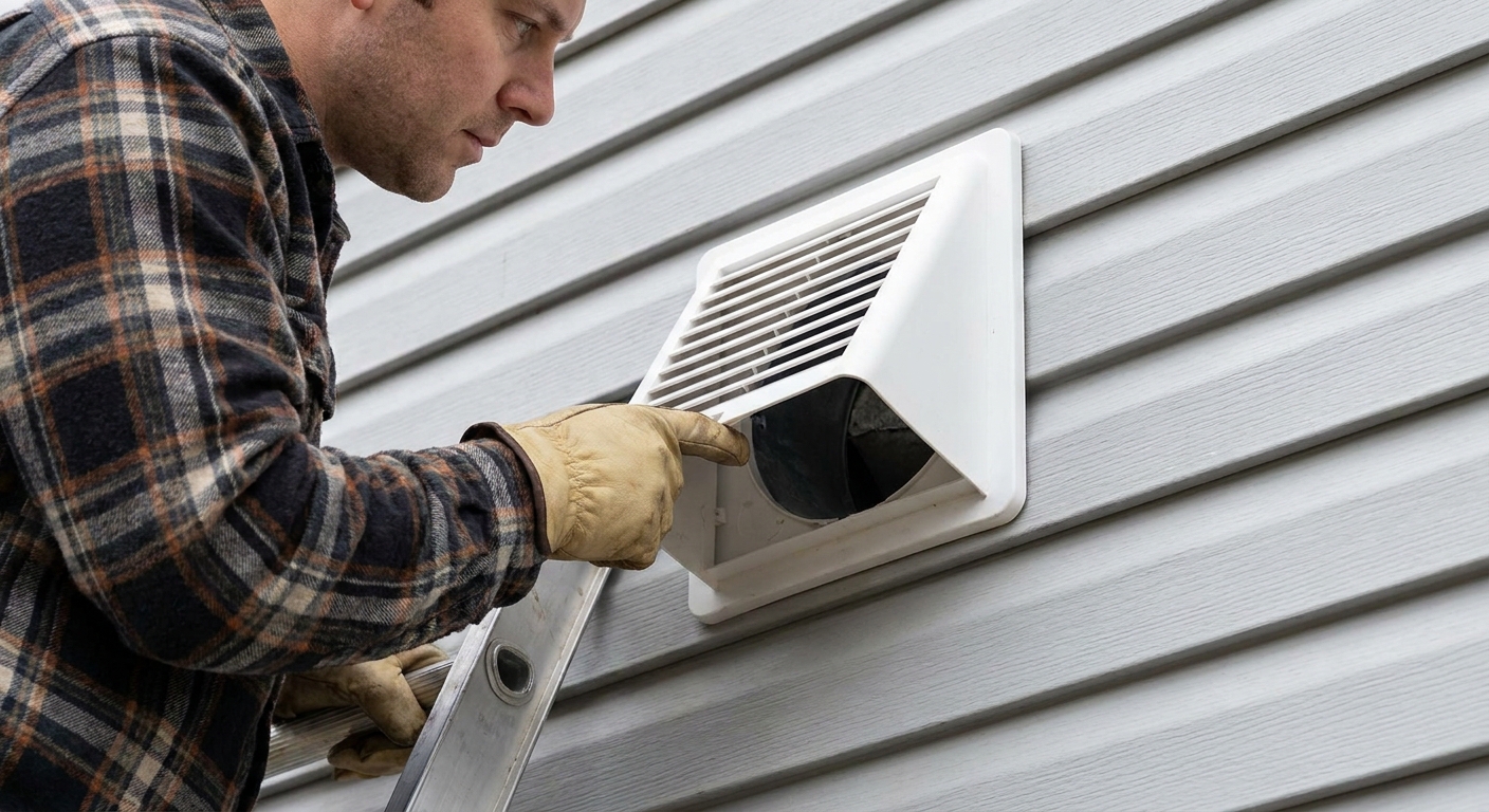 A homeowner inspecting a white exterior bathroom fan vent hood on vinyl siding with the flap slightly open, real photo