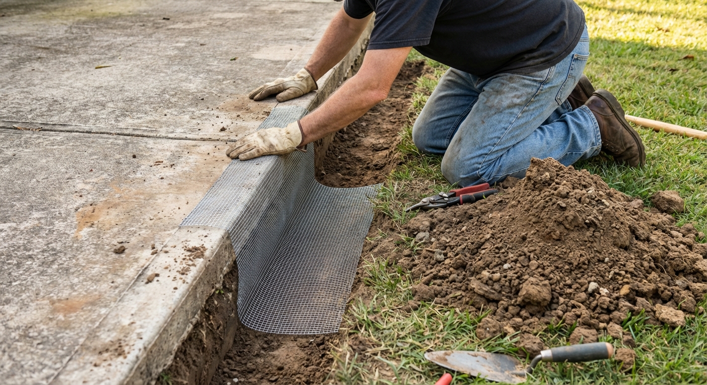 A homeowner installing galvanized hardware cloth in a narrow trench beside a concrete patio, with the mesh bent into an L shape and soil piled nearby, realistic photo