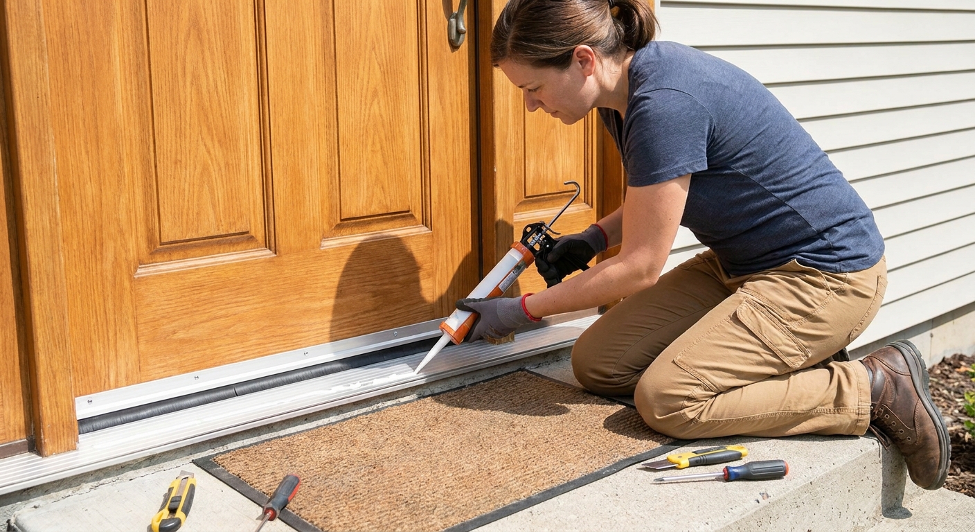 A homeowner kneeling at an exterior door, installing a new door sweep and applying caulk along the threshold in daylight