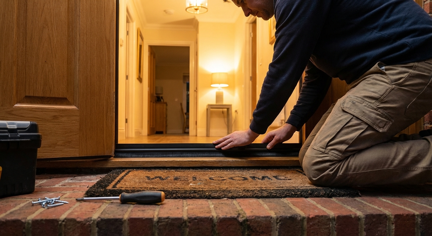 A homeowner kneeling at an exterior door threshold pressing a new door sweep into place with a screwdriver nearby, warm indoor lighting, realistic home renovation photo