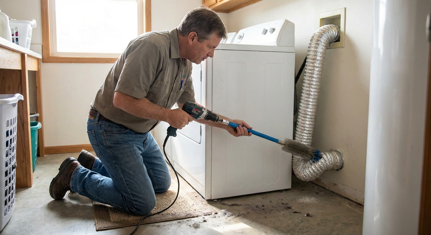 A homeowner kneeling behind a clothes dryer in a laundry room, using a vent brush kit inserted into a flexible dryer duct, natural indoor lighting, photorealistic