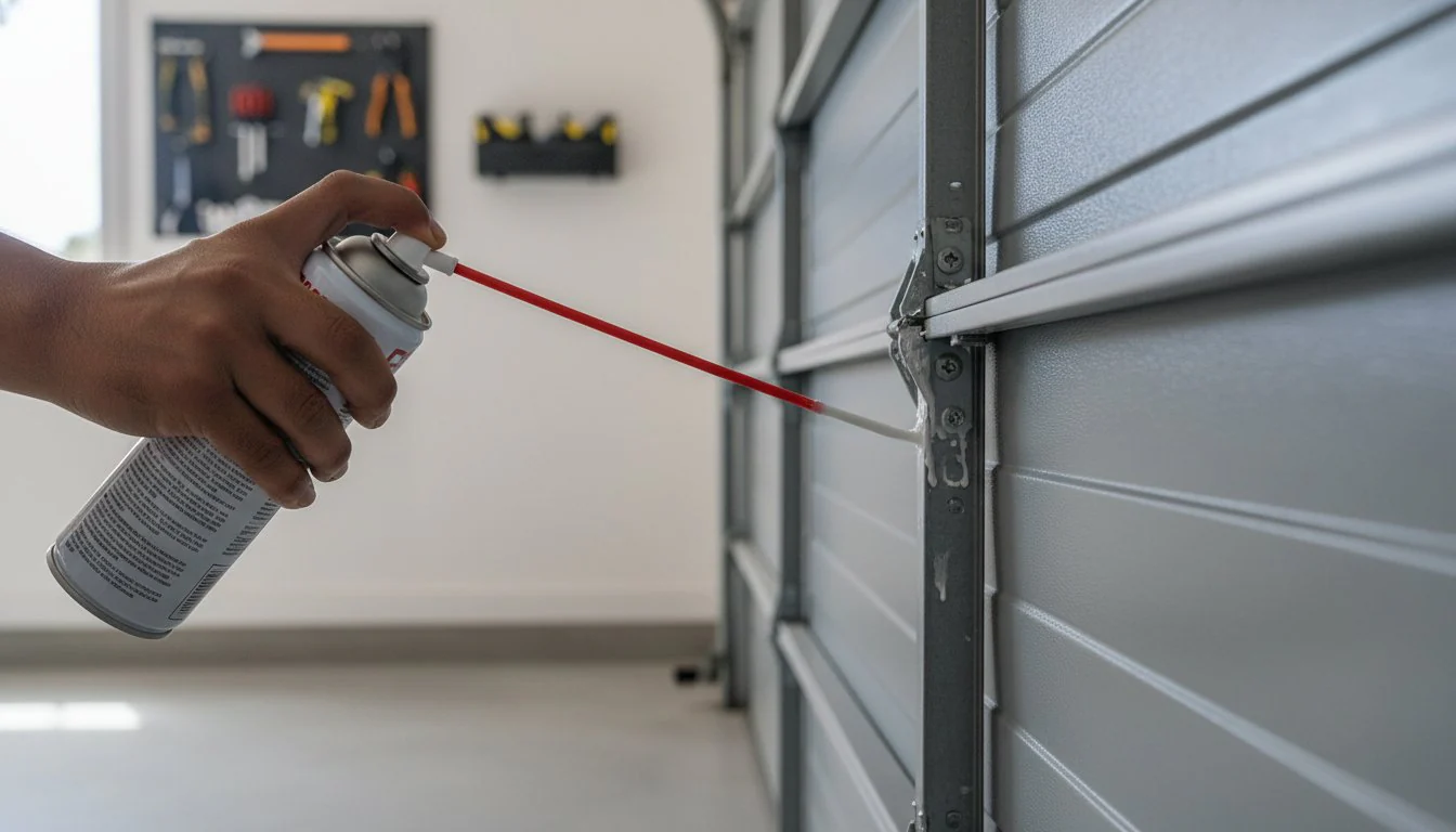 A homeowner kneeling beside a closed residential garage door, applying lubricant carefully to a metal roller hinge with a shop rag nearby, real photo