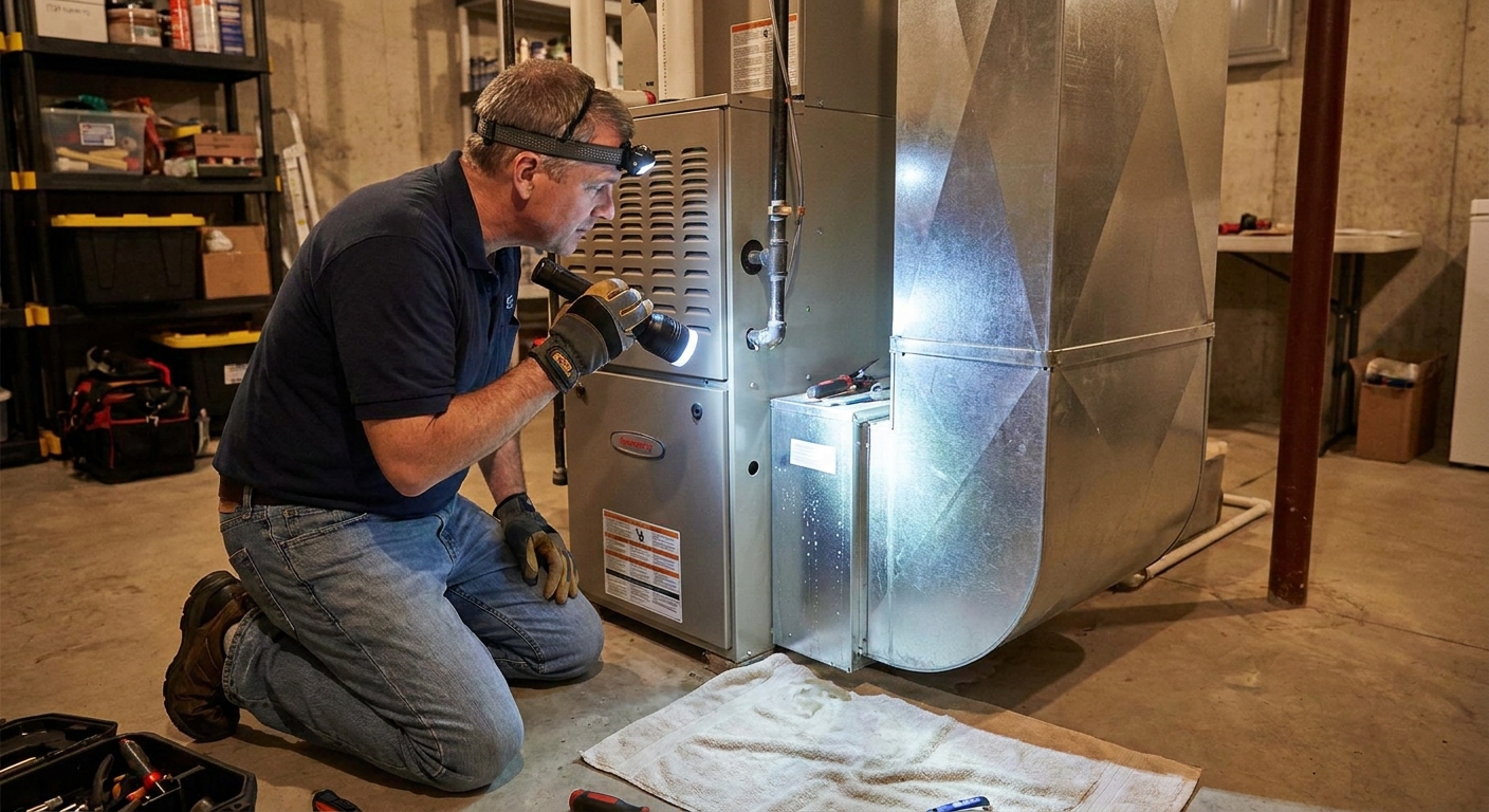 A homeowner kneeling beside a forced-air furnace using a flashlight to inspect the bottom of a duct-mounted whole-house humidifier for dripping water