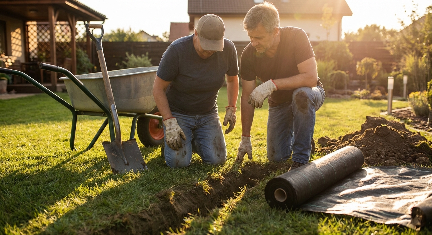 A homeowner kneeling beside a freshly dug trench in a backyard, with a shovel and a roll of landscape fabric nearby, late afternoon natural light, realistic photography