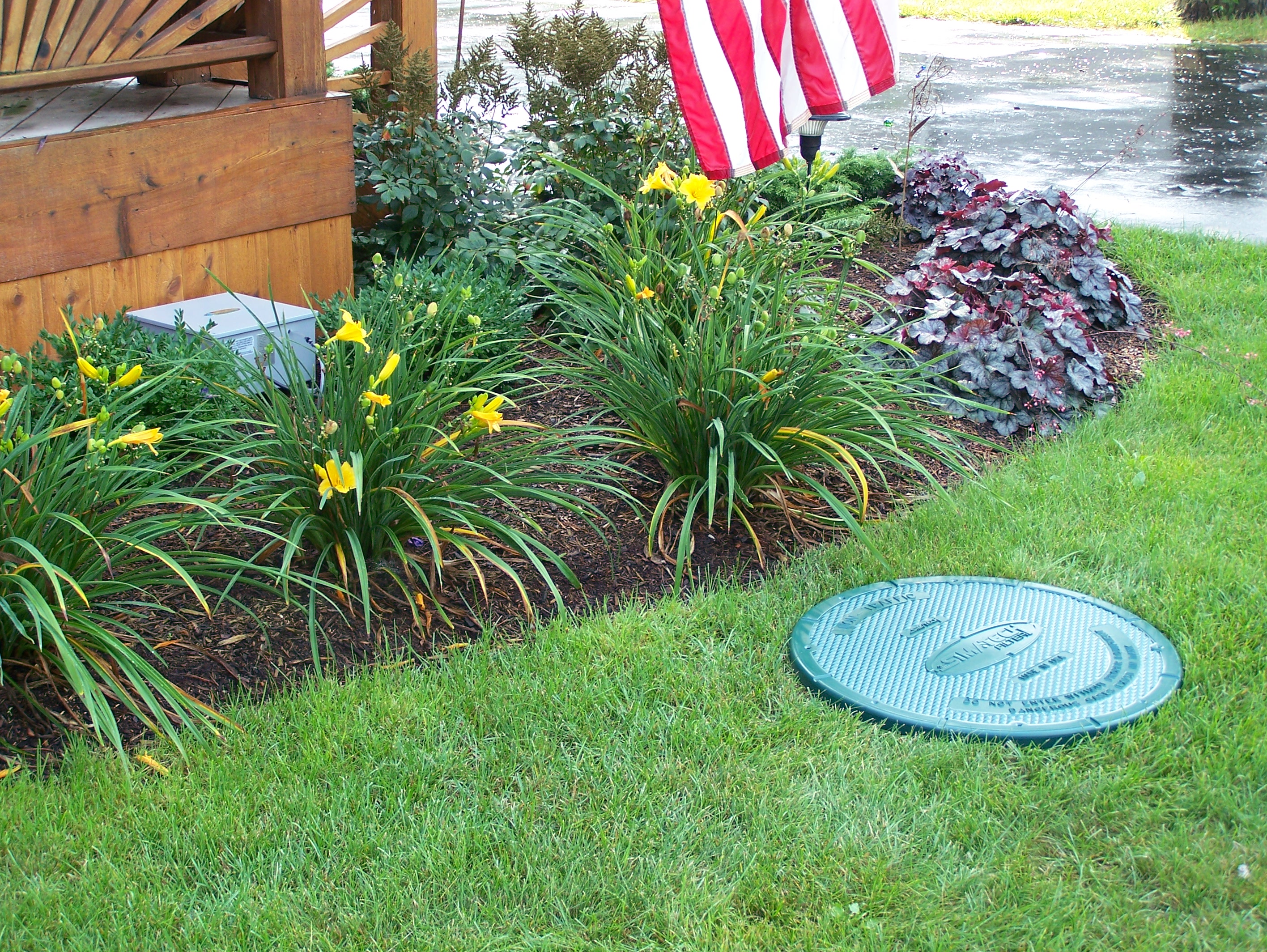 A homeowner kneeling beside a round septic tank riser lid in a grassy yard, preparing to open the access cover, real outdoor photograph