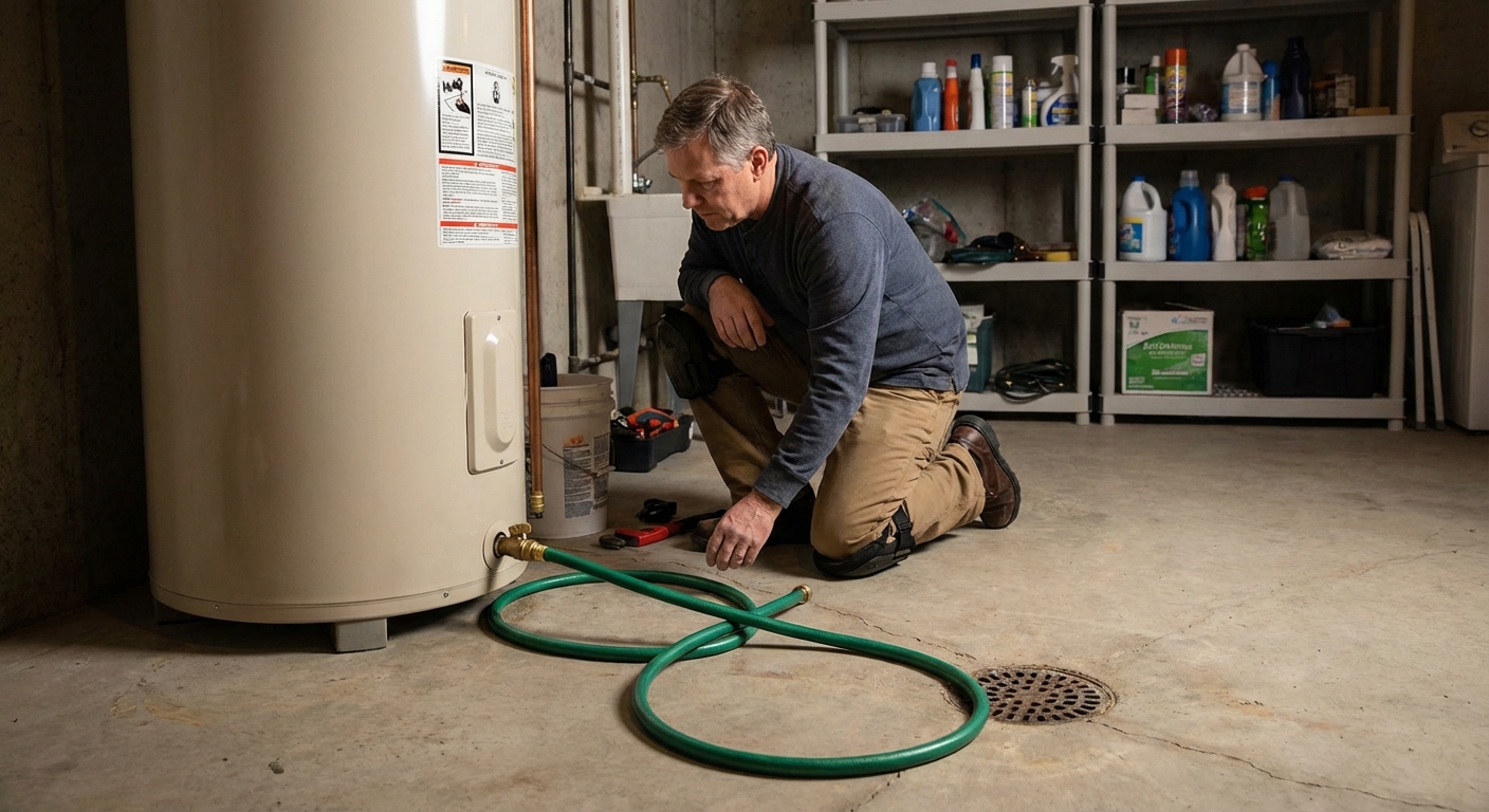 A homeowner kneeling beside a standard tank-style water heater in a utility room, with a garden hose attached to the drain valve and routed to a nearby floor drain, photorealistic indoor home maintenance scene