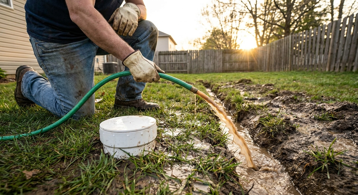 A homeowner kneeling beside a white PVC French drain cleanout in a yard, holding a garden hose while muddy water drains away, real outdoor photography