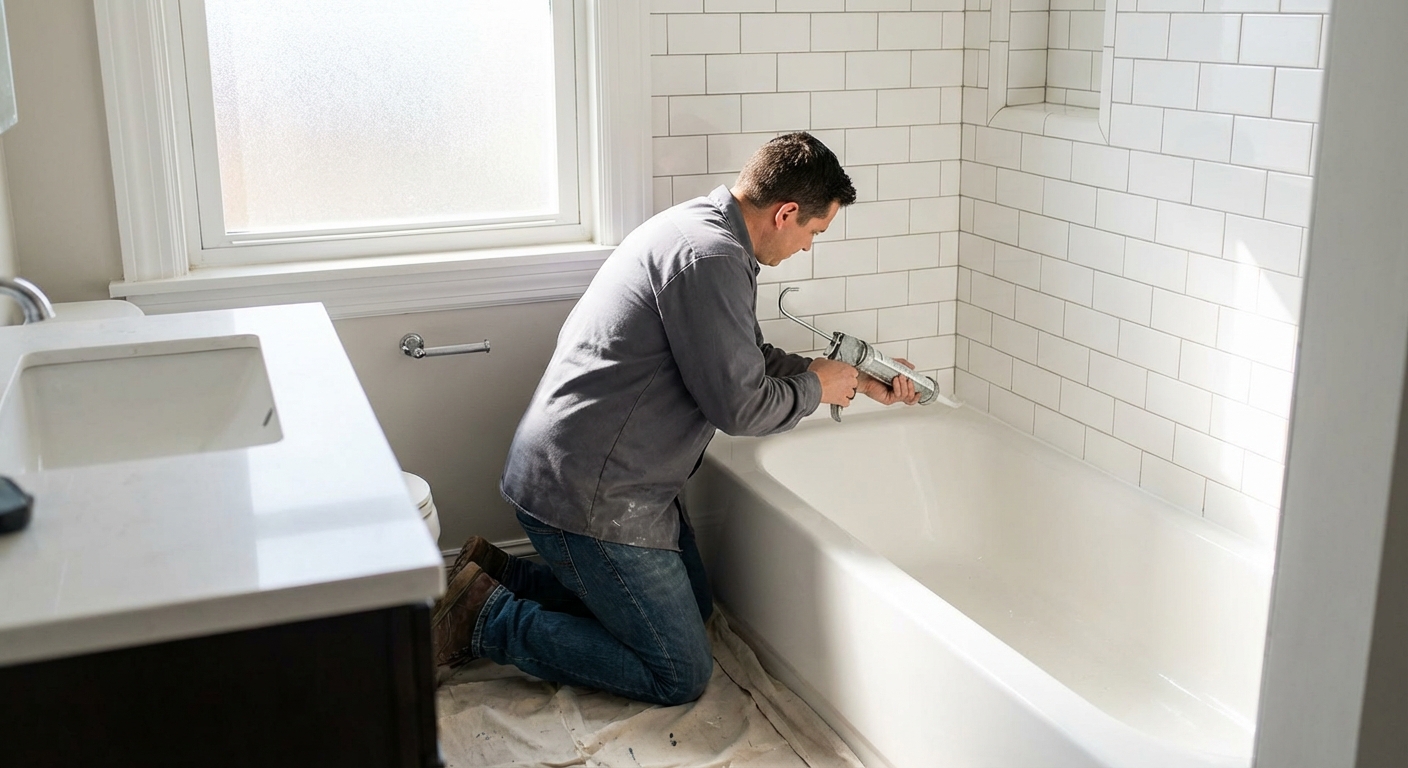 A homeowner kneeling beside a white bathtub applying a neat bead of caulk along the tub-to-tile seam with a caulk gun in a bright bathroom, photorealistic