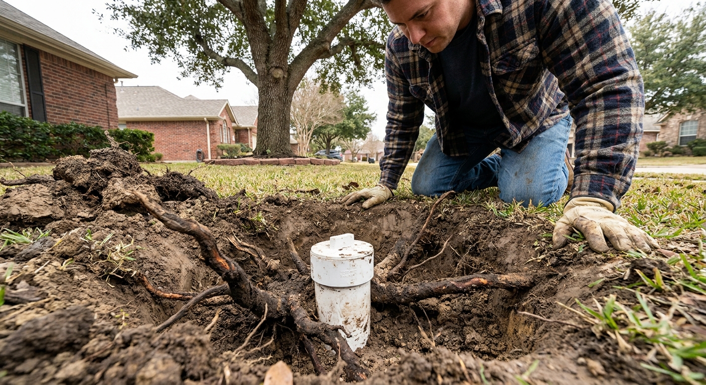 A homeowner kneeling beside an exterior sewer cleanout in a front yard, with thick tree roots visible pushing through disturbed soil near the cleanout, natural daylight photo