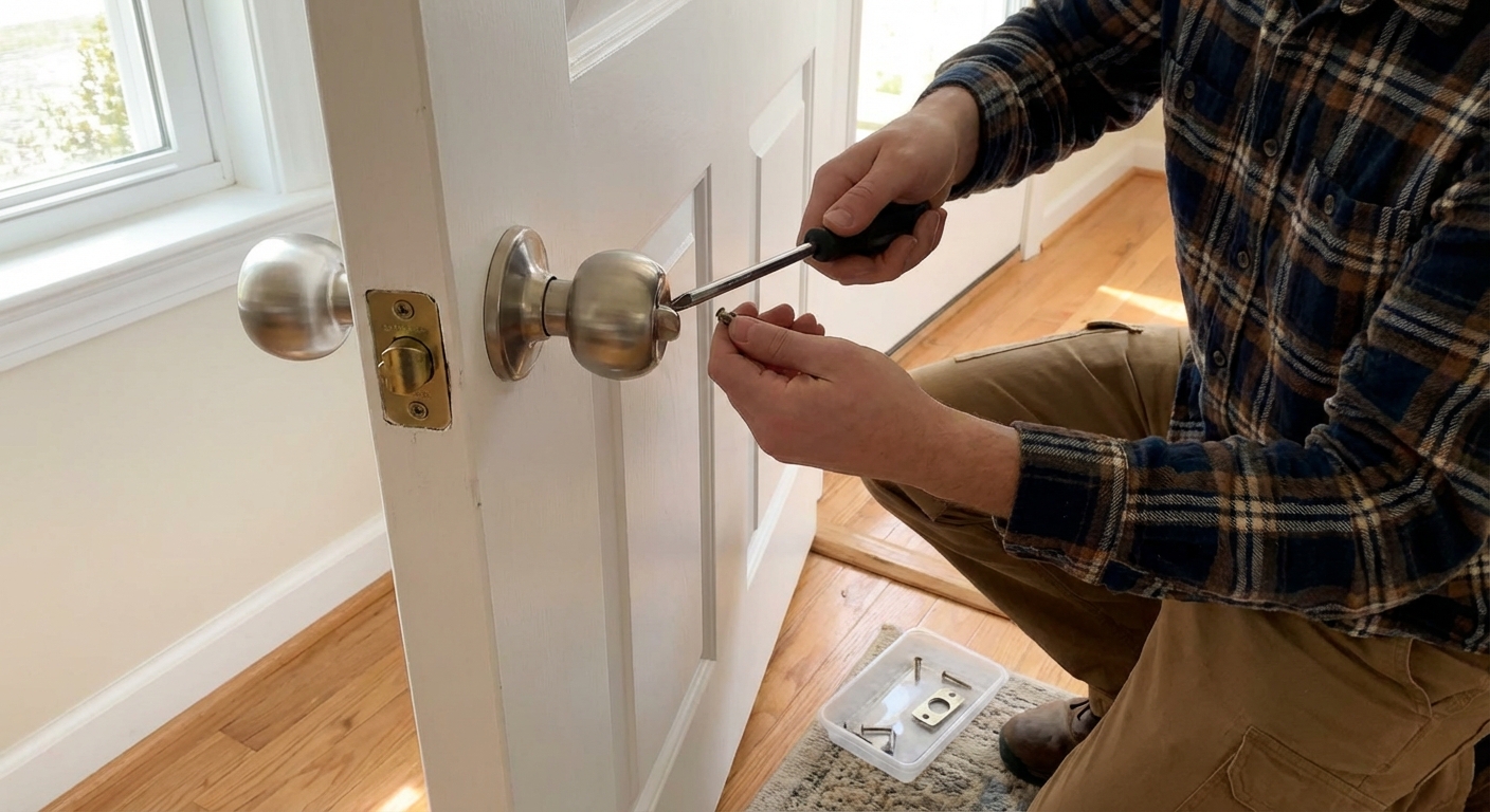 A homeowner kneeling beside an interior door while using a screwdriver to remove a brushed nickel doorknob, with the latch edge of the door visible and a small parts tray on the floor, realistic indoor photo