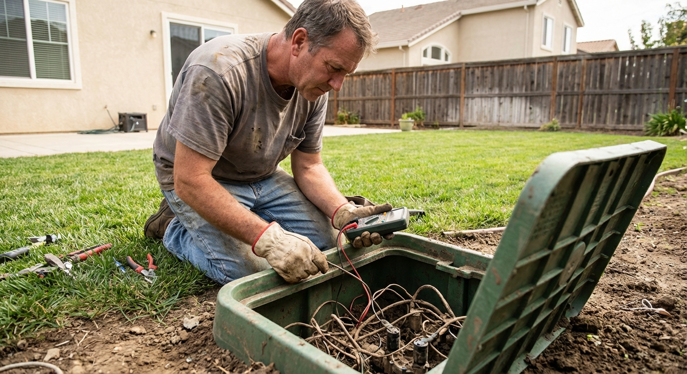 A homeowner kneeling beside an open irrigation valve box in a suburban backyard, inspecting wiring and valves in natural daylight, real photo