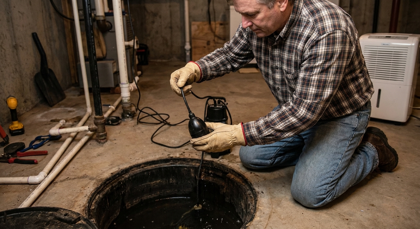A homeowner kneeling beside an open sump pit in a basement, carefully lifting a backup sump pump float switch