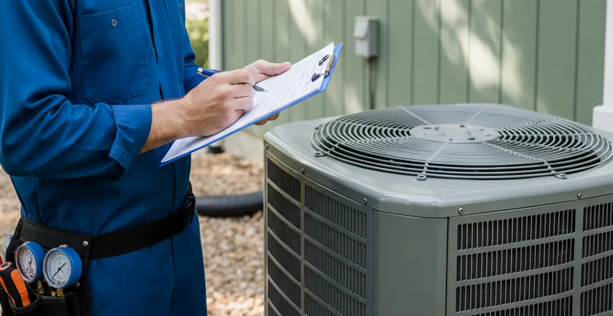 A homeowner kneeling beside an outdoor central AC condenser unit near a house, listening closely and inspecting the fan grille in daylight