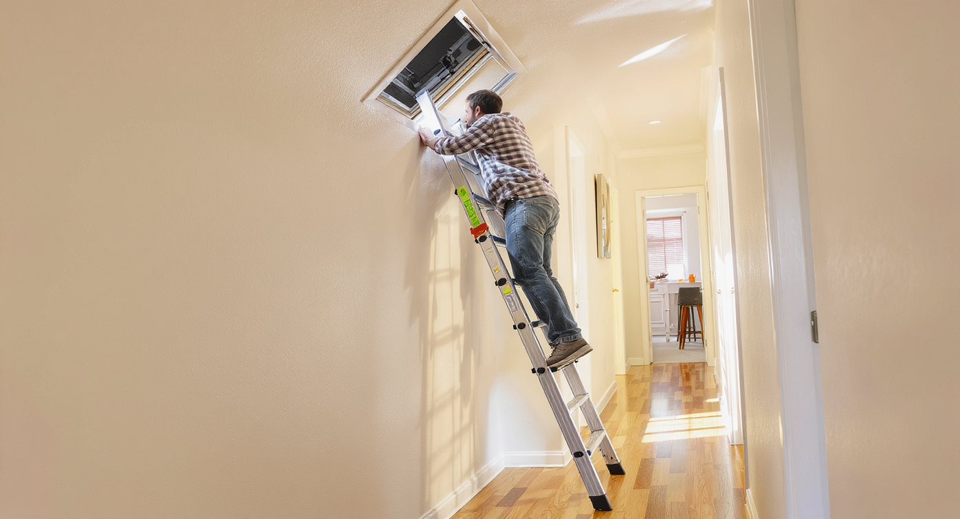A homeowner kneeling by an attic hatch with a flashlight, preparing to inspect insulation and ductwork safely