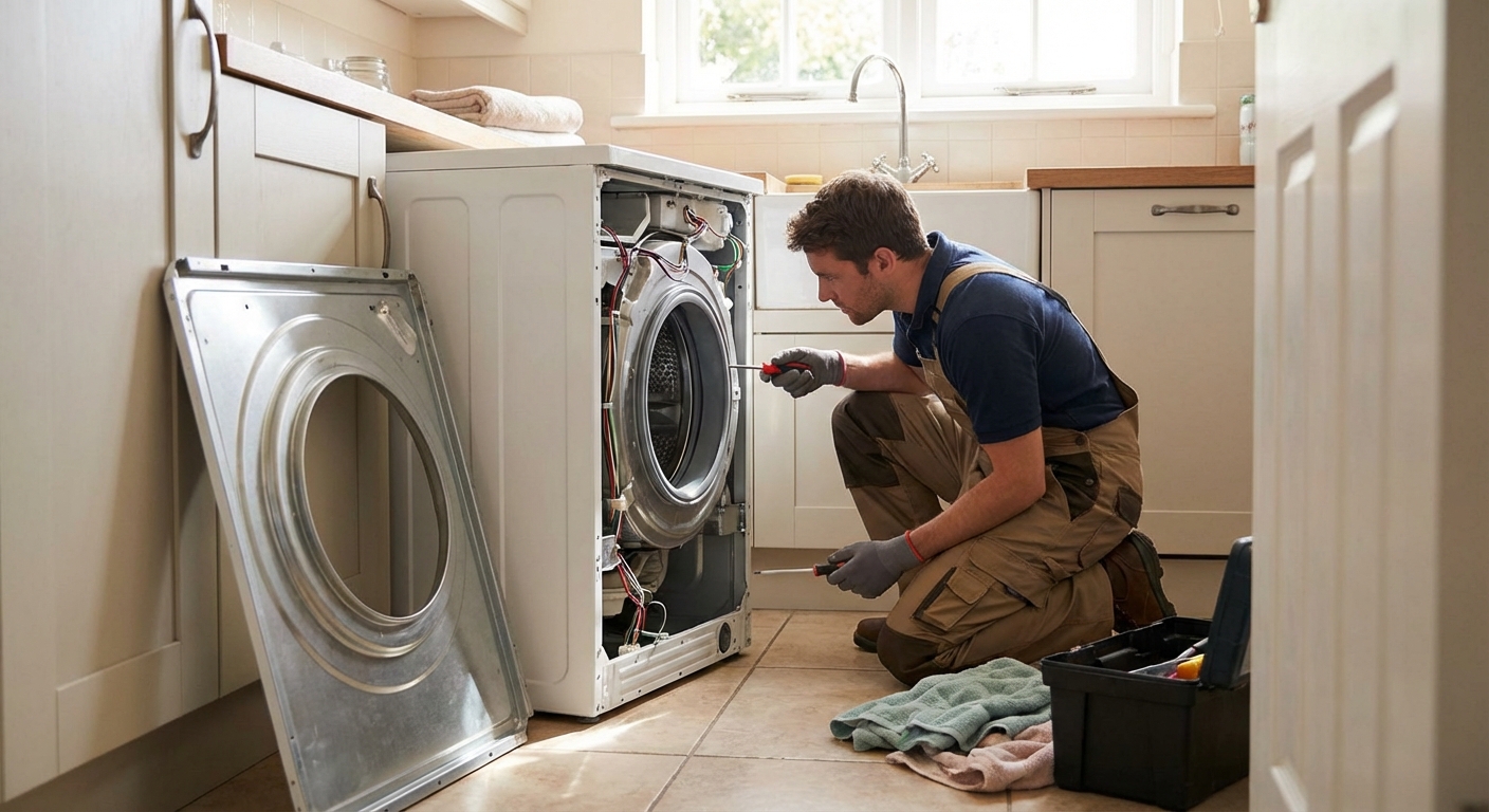 A homeowner kneeling in a laundry room with the front panel of a washing machine removed, holding a screwdriver and inspecting the inside of the washer, realistic indoor photo with natural light