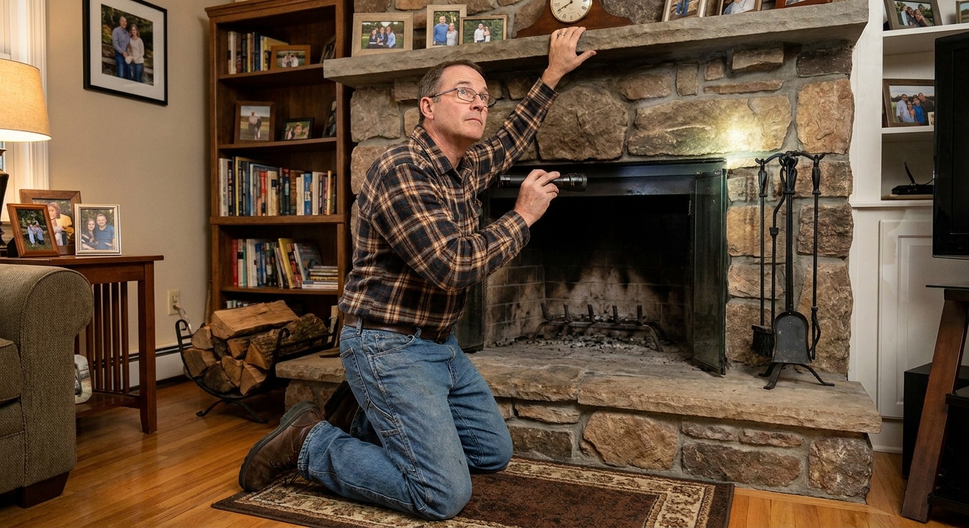A homeowner kneeling in front of a fireplace holding a flashlight and carefully looking up toward the damper area, real indoor photo