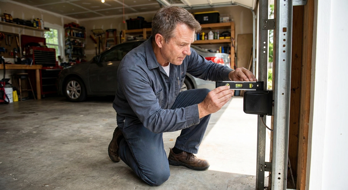 A homeowner kneeling near a residential garage door track, checking the photo-eye safety sensor alignment with a small level in a real garage