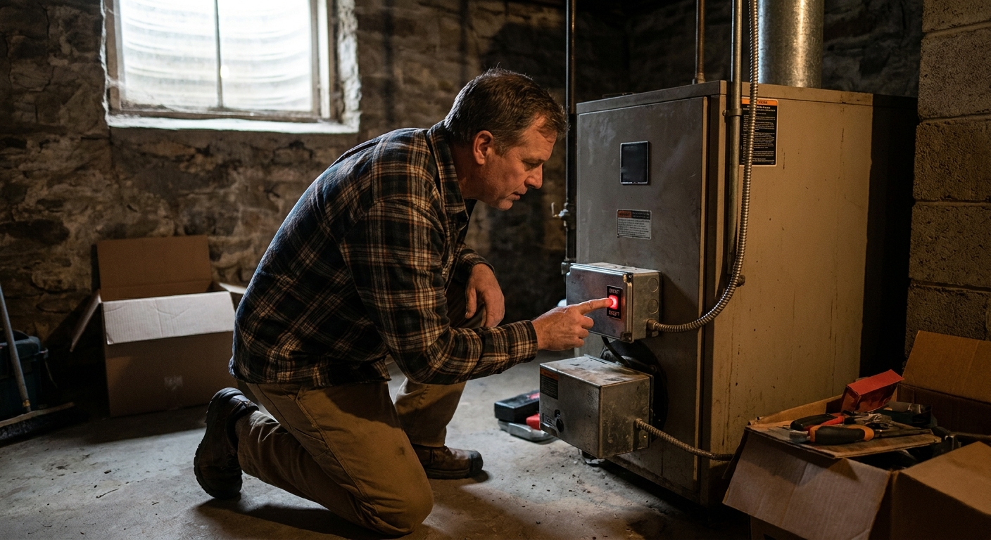A homeowner kneeling next to an oil furnace in a basement, looking at the burner control with a red reset button, natural indoor lighting