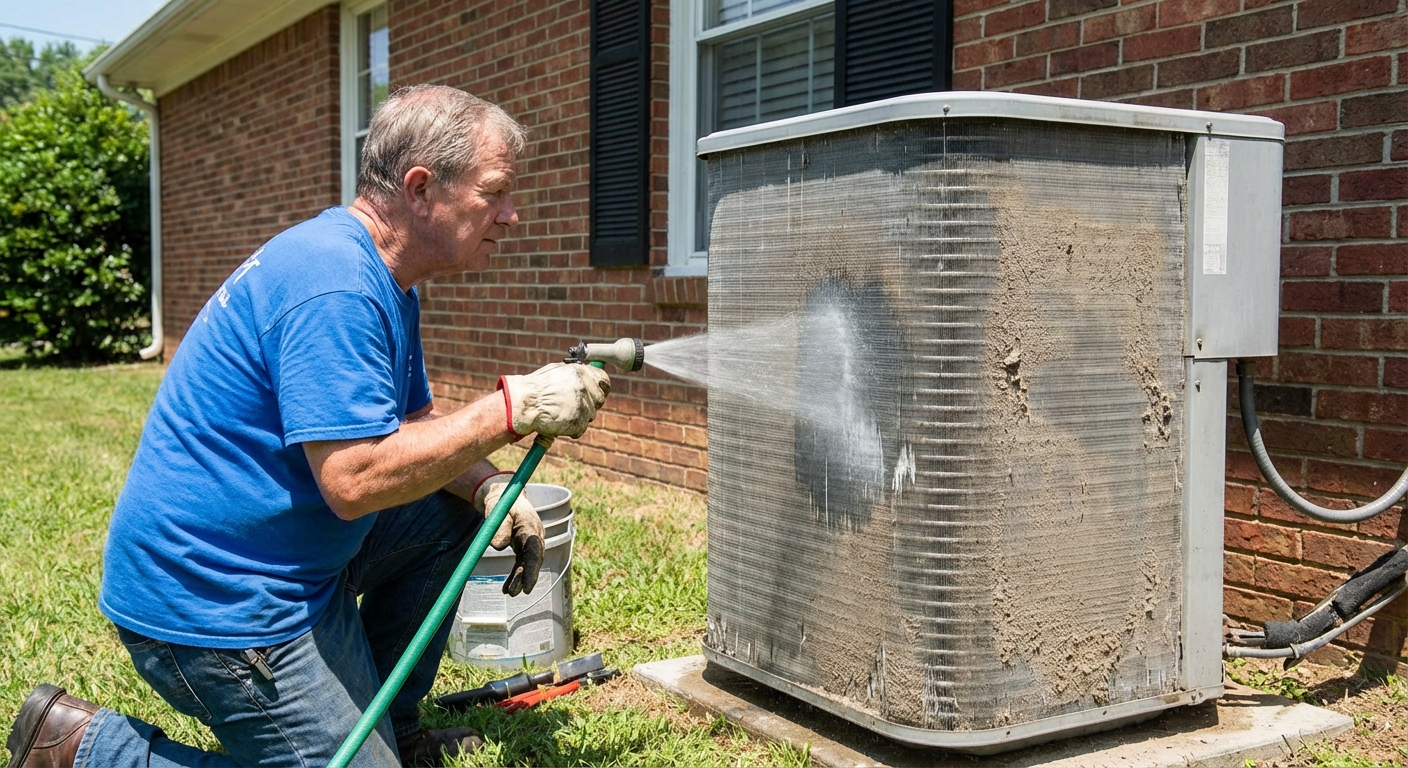 A homeowner kneeling next to an outdoor air conditioner condenser unit beside a house, gently rinsing the coil fins with a garden hose on a light spray setting, bright daytime photo