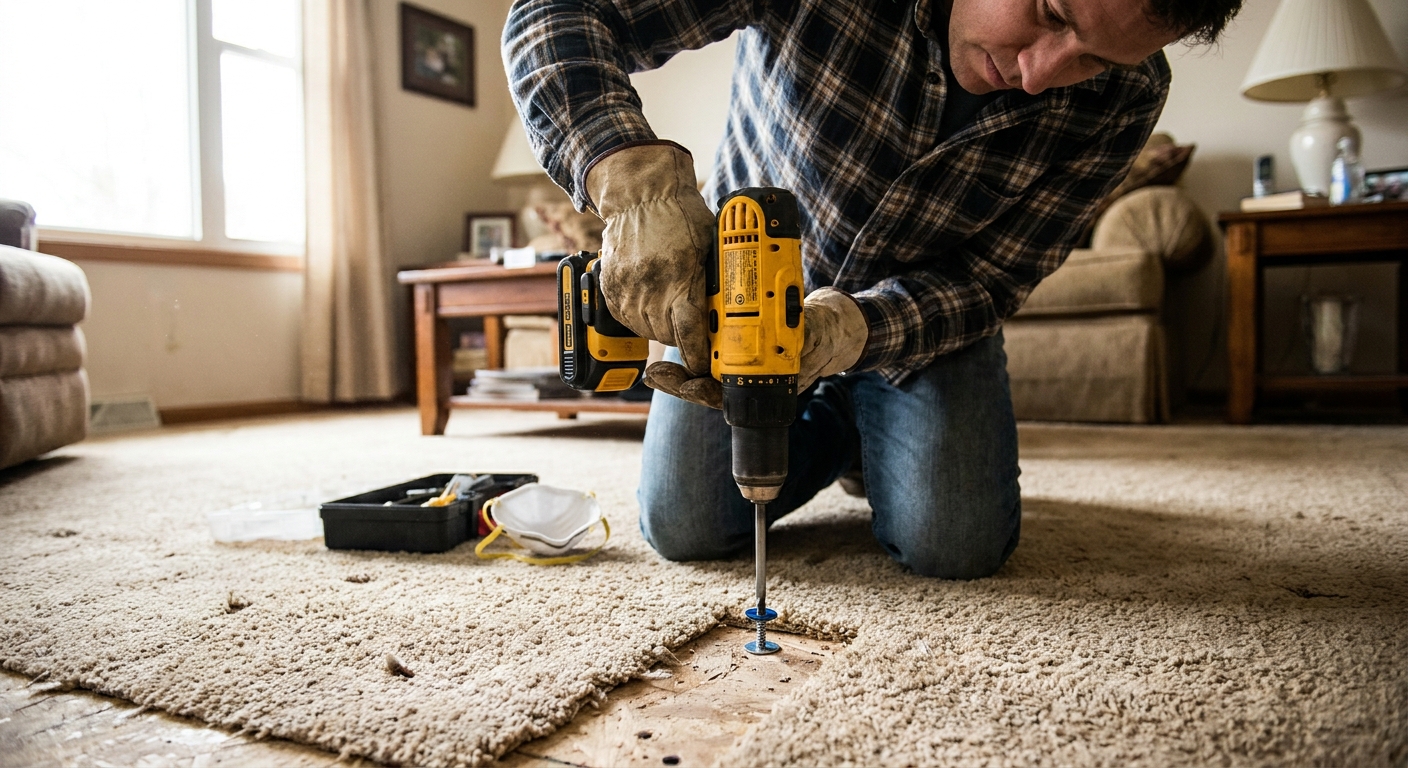 A homeowner kneeling on a beige carpet in a living room, using a drill to drive a specialty breakaway screw through the carpet into the subfloor, realistic indoor photograph