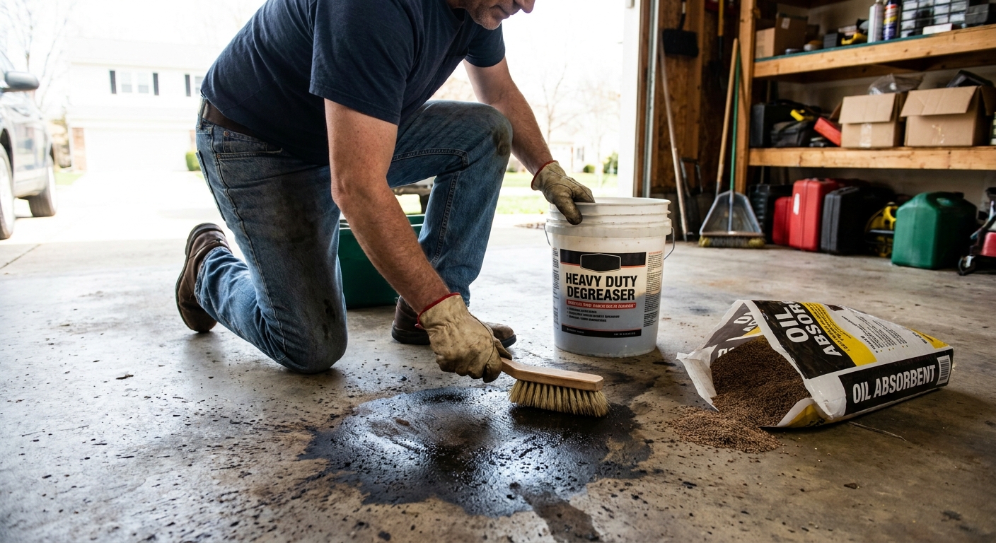 A homeowner kneeling on a concrete garage floor scrubbing a dark oil stain with a stiff nylon brush next to a bucket of degreaser and absorbent material, real photo