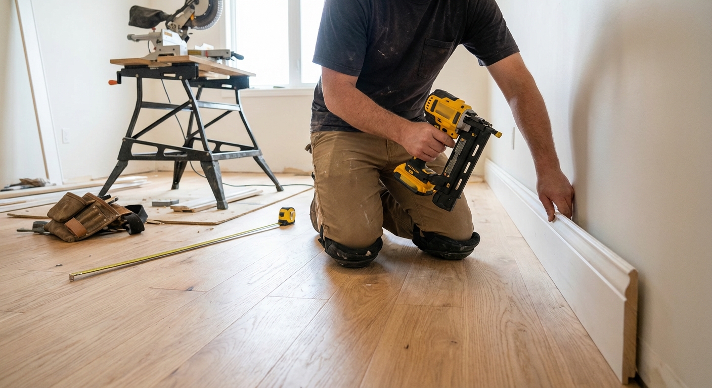 A homeowner kneeling on a hardwood floor holding a white baseboard against a wall while using a cordless brad nailer, with a tape measure and miter saw visible in the background in a real home renovation setting