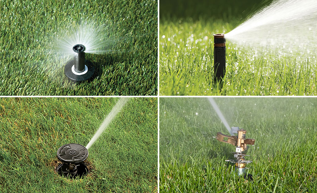 A homeowner kneeling on a lawn using a small screwdriver to clean a pop-up sprinkler head next to a wet patch of grass in a suburban backyard