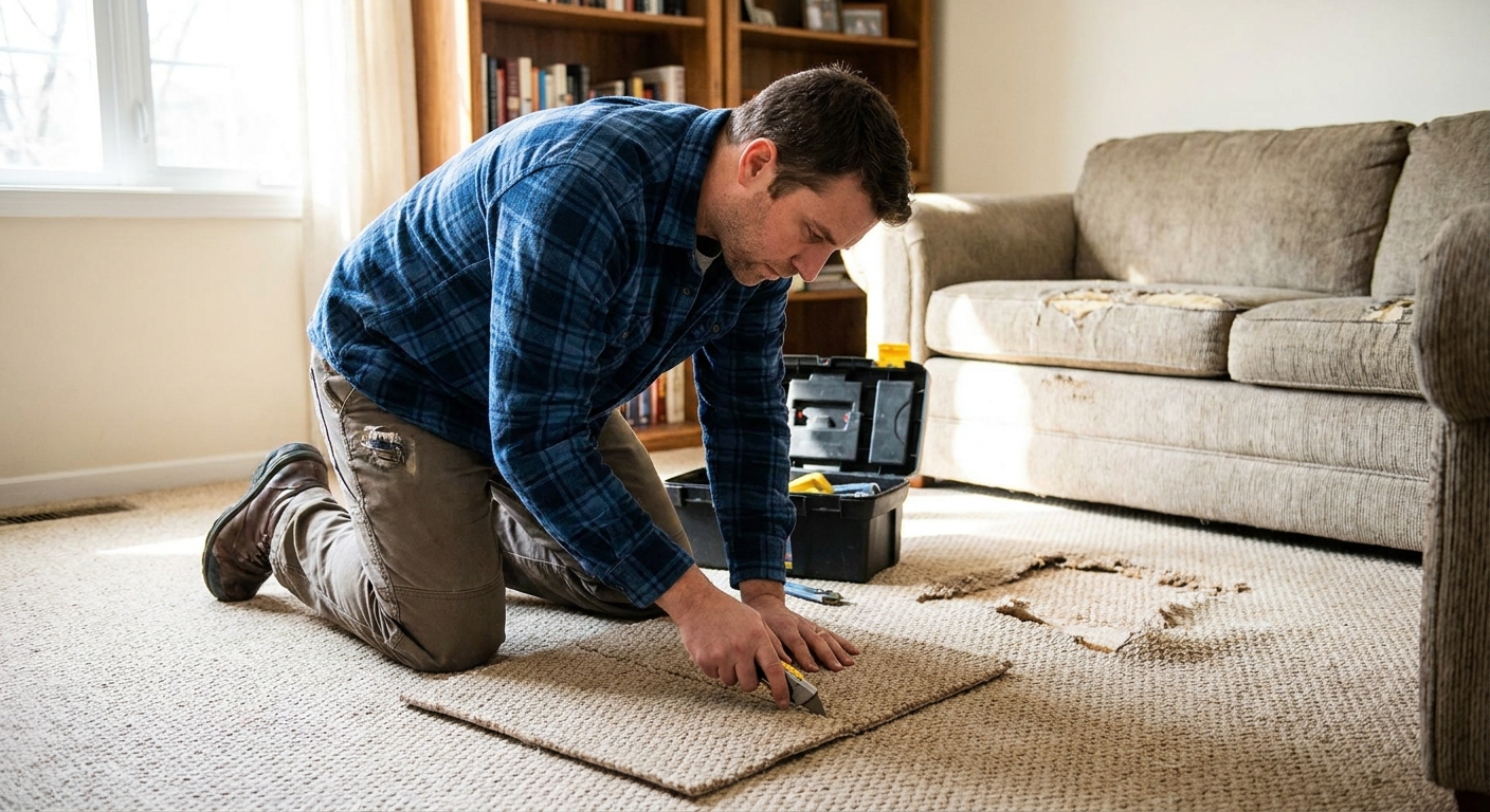 A homeowner kneeling on a living room carpet carefully cutting a small square plug patch with a carpet knife next to a matching remnant, realistic indoor photo