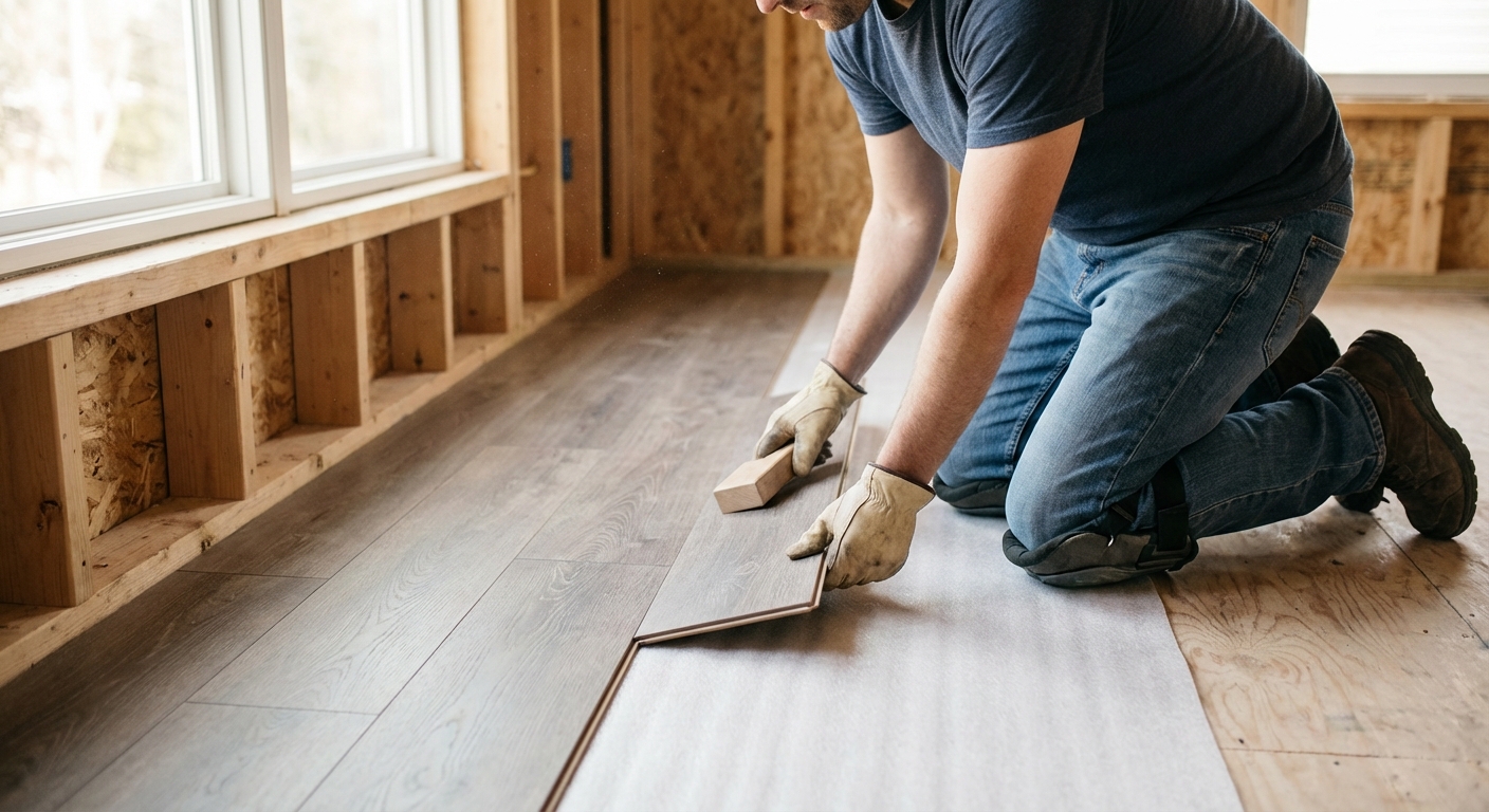 A homeowner kneeling on a plywood subfloor clicking a laminate plank into place with an underlayment already rolled out, natural window light, realistic home renovation photo