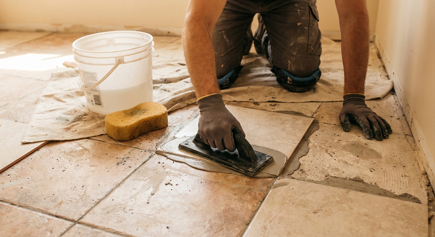 A homeowner kneeling on a tile floor using a rubber grout float to spread grout across a single newly set tile, bucket and sponge nearby, realistic DIY home photo