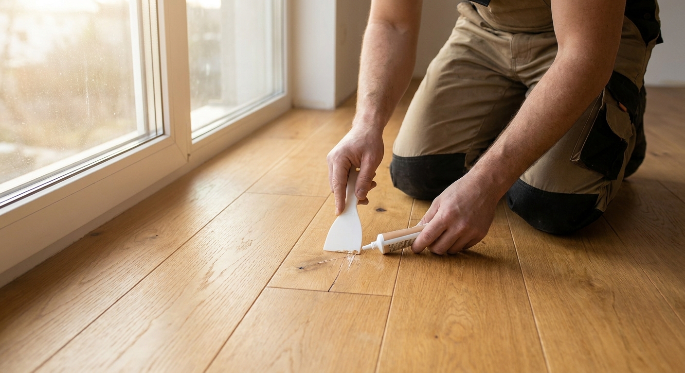 A homeowner kneeling on a warm-toned oak hardwood floor using a small plastic putty knife to fill a scratch near a window with natural daylight