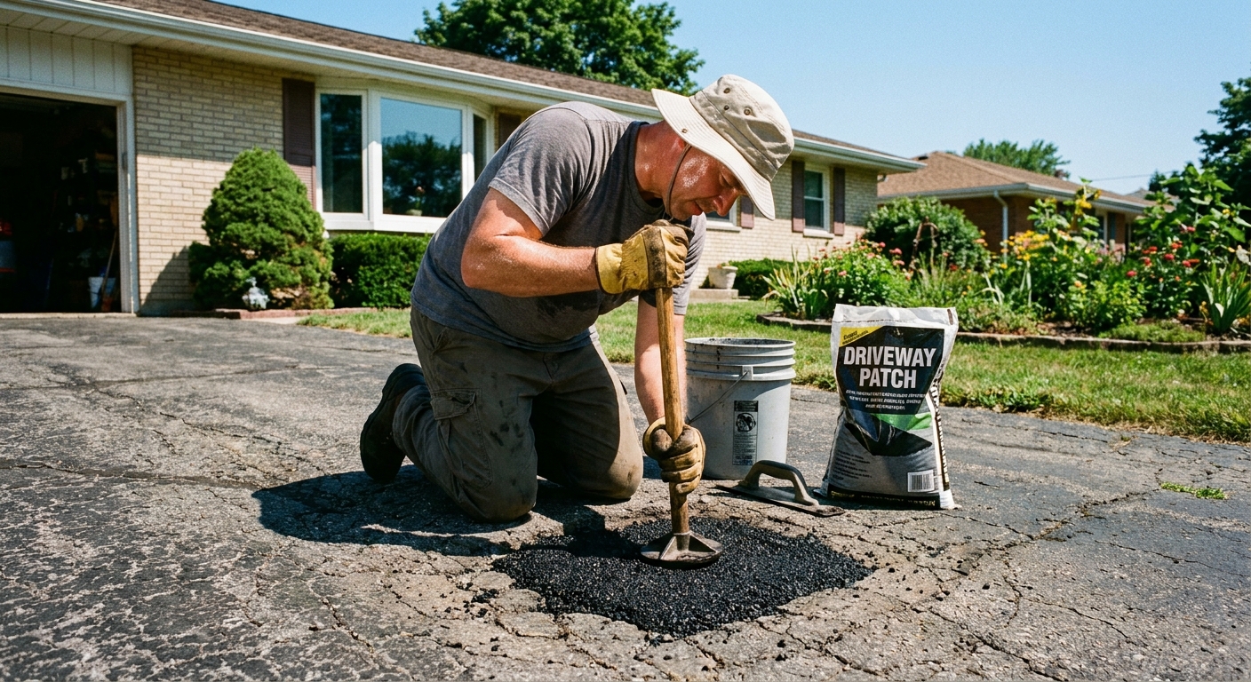 A homeowner kneeling on an asphalt driveway while tamping fresh black patch material into a small pothole on a sunny day, real photo
