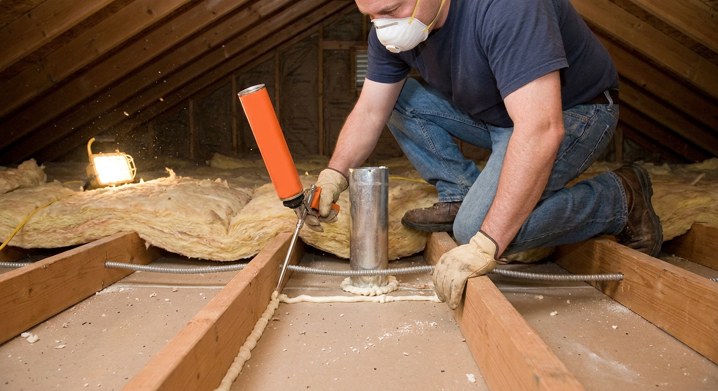A homeowner kneeling on attic joists applying expanding foam around a ceiling penetration with a foam gun, real photo