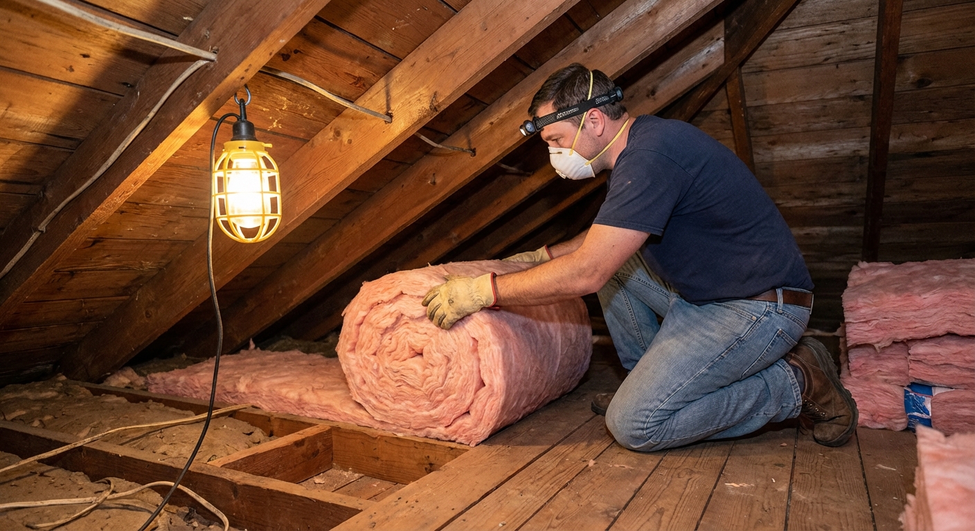 A homeowner kneeling on attic joists installing fiberglass batts between ceiling joists, with a headlamp on and a shop light illuminating the rafters, photorealistic home renovation scene