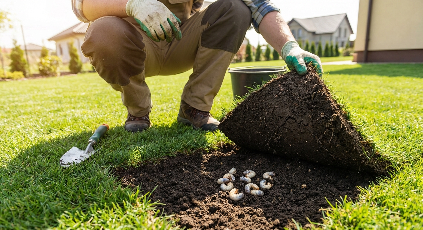 A homeowner lifting a loose section of grass in a sunny yard, revealing soil underneath and several white C-shaped grubs near the surface, realistic backyard photo