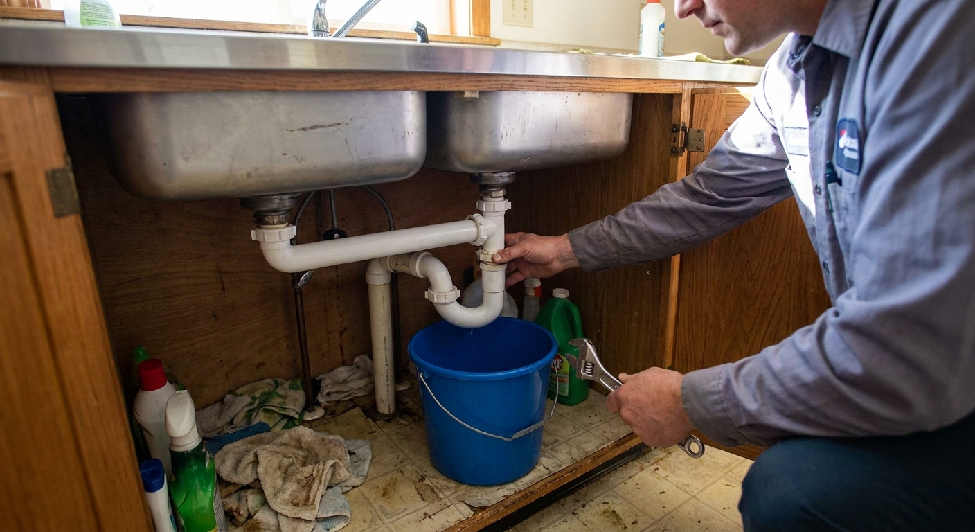 A homeowner loosening slip-joint nuts and removing a white PVC P-trap under a kitchen sink with a bucket underneath, indoor home photo