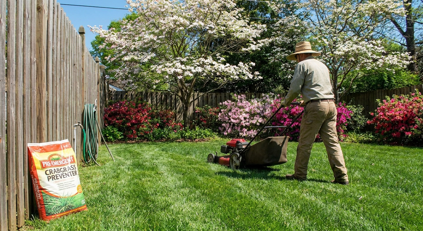 A homeowner mowing a backyard lawn on a bright spring day, preparing the grass before applying pre-emergent, real photo