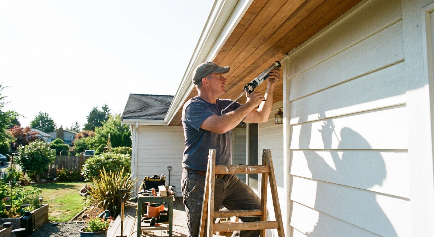 A homeowner on a ladder applying exterior caulk along a small gap under a soffit on a sunny day